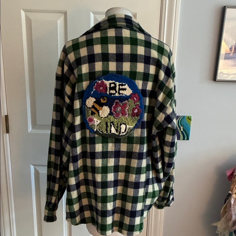 Vintage Woolrich Green and Blue Plaid Shirt with punch needle Patch